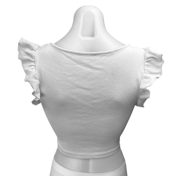 Zara White Ruffle Sleeve Ribbed Knit Ruched Stretch Deep V Crop Blouse Top Sz S - Picture 6 of 9